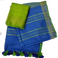 HAIDER ALI AND SONS Pure Linen Ethnic Wear Saree For Womens With Blouse01 BLUE