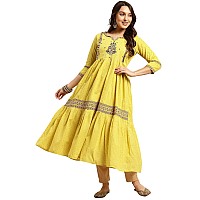 rangita Lime Green Cotton Calf Length Embroidered Anarkali Kurti for Women | Kurta for Women_L