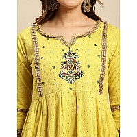 rangita Lime Green Cotton Calf Length Embroidered Anarkali Kurti for Women | Kurta for Women_L