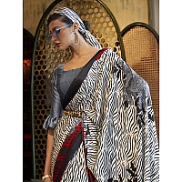 AKHILAM Womens Animal Print Crepe Printed Saree With Unstitched Blouse Piece Off WhiteKLZE246016RJ