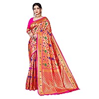 Jaanvi fashion Womens Silk With Zari Work Saree With Blouse Piecekaashipaithanipink