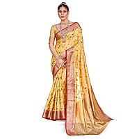 Swornof Womens Cotton Saree With Unstitched Blouse Piece Promish LeavesLight Yellow