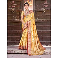 Swornof Womens Cotton Saree With Unstitched Blouse Piece Promish LeavesLight Yellow