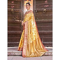 Swornof Womens Cotton Saree With Unstitched Blouse Piece Promish LeavesLight Yellow