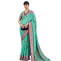 Swornof Womens Cotton Saree With Unstitched Blouse Piece Promish LeavesFirozi