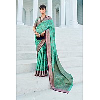 Swornof Womens Cotton Saree With Unstitched Blouse Piece Promish LeavesFirozi