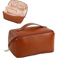 XIVUMN Large Capacity 12 Cms Cosmetic Travel Bag, Women's Makeup Travel Bag Portable Leather Cosmetics Bag, Makeup Storage Bags with Handle and Divider, Wide Opening Cosmetic Organizer Bags (Brown)