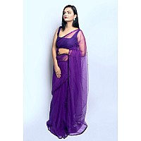 Wardrobe Luxury Womens Purple Net Embroidered Saree