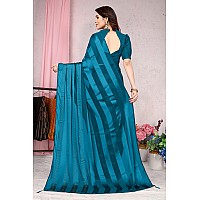 MIRCHI FASHION Womens Plain Weave Georgette Satin Stripes Stone Embellished Saree with Blouse Piece (37215-Turquoise)