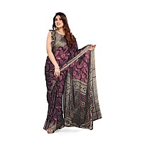 MIRCHI FASHION Womens Plain Weave Chiffon Leaf Printed Saree with Blouse Piece 37081Black Magenta