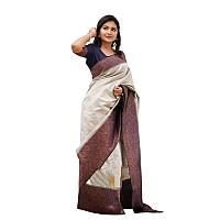 SGF11 Womens Kanjivaram Soft Lichi Silk Saree With Blouse Piece White Grey Blue