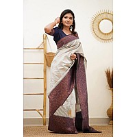 SGF11 Womens Kanjivaram Soft Lichi Silk Saree With Blouse Piece White Grey Blue