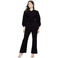 Fashfun Womens Coord Set Solid Crepe Tieup Shirt And Bootcut Pant Set Small Dark Black