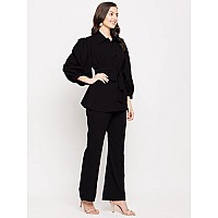 Fashfun Womens Coord Set Solid Crepe Tieup Shirt And Bootcut Pant Set Small Dark Black