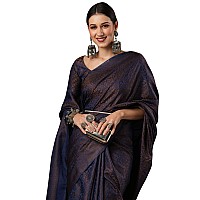 AKHILAM Womens Woven Design Zari Work Banarasi SIlk Saree With Unstitched Blouse Piece (Navy Blue_SOHNA2003)