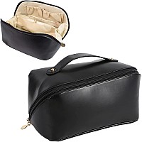 XIVUMN Large Capacity Travel Cosmetic Bag, Leather Makeup Bag with Handle and Divider, Waterproof Cosmetic Bag, Portable Leather Toiletry Bag, Roomy Cosmetic Bag for Women & Girls(Black)