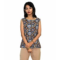 Jaipur Hand Block Womens Cotton Sleeveless Topkurti Blue Xs