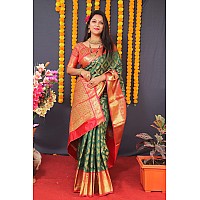 AMIRAT Clothing Womens Banarasi Wedding Designer Litchi Silk Saree With Unstiched Blouse Peice B Green