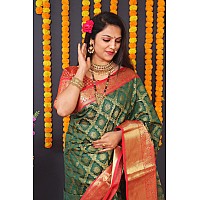 AMIRAT Clothing Womens Banarasi Wedding Designer Litchi Silk Saree With Unstiched Blouse Peice B Green