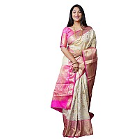 AMIRAT CLOTHING Kanchipuram Silk Saree With Unstiched Blouse Piece White