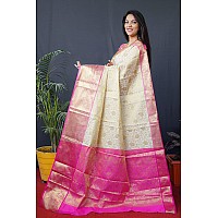 AMIRAT CLOTHING Kanchipuram Silk Saree With Unstiched Blouse Piece White