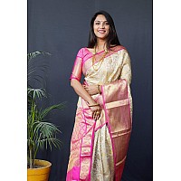 AMIRAT CLOTHING Kanchipuram Silk Saree With Unstiched Blouse Piece White