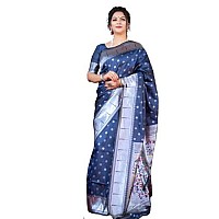 AMIRAT CLOTHING Womens Paithani Litchi silk Saree With Unstiched Blouse Piece (Navy Blue)