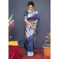 AMIRAT CLOTHING Womens Paithani Litchi silk Saree With Unstiched Blouse Piece (Navy Blue)