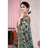 MIRCHI FASHION Womens Plain Weave Kota Doria Floral Printed Checked Woven Saree with Blouse Piece 37633Off White Green