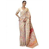 AKHILAM Womens Woven Design Kanjivaram Banarasi Silk Saree With Unstitched Blouse Piece KMBH1230Parent Cream saree