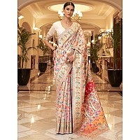 AKHILAM Womens Woven Design Kanjivaram Banarasi Silk Saree With Unstitched Blouse Piece KMBH1230Parent Cream saree