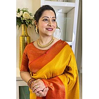 SGF11 Womens Kanjivaram Soft Lichi Silk Saree With Blouse Piece (Yellow Red)