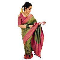 SGF11 Womens Kanjivaram Soft Lichi Silk Saree With Blouse Piece (Dark Green)