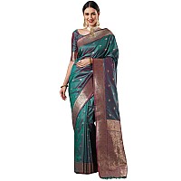 AKHILAM Womens Ethnic Motif Silk Blend Woven Design Saree With Unstitched Blouse Piece Teal blue13PAKHI1405