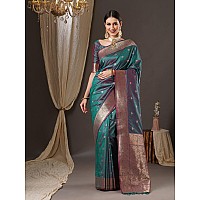 AKHILAM Womens Ethnic Motif Silk Blend Woven Design Saree With Unstitched Blouse Piece Teal blue13PAKHI1405