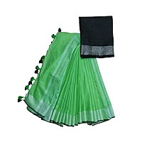 SheenKraft Bhagalpuri Handloom Linen Cotton Blend Saree with Contrast Unstitched Blouse Piece_Free Size_Variation Colors 11361_Silver-Green-Black