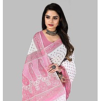 RATAN Pure Cotton Printed Mulmul Saree for Women without Blouse Piece WhitePink