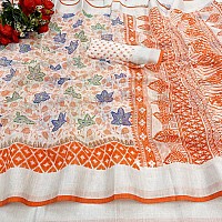 Sidhidata Womens Printed Cotton Linen Saree With Unstitched Blouse Piece (Leaf Orange_Orange_Free Size)