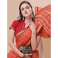 Sidhidata Womens Checks Kota Doria Cotton Manipuri Saree With Unstitched Blouse Piece (Pizza Peach_Peach_Free Size)