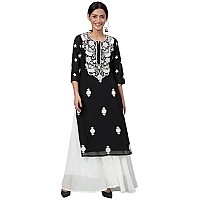 RATAN Women's Georgette Straight Lucknowi Chikankari Ethinic Wear Kurta (LKN-Black-Small)