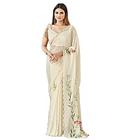 Womanista Womens Satin Hand Print Saree for Women | Fancy Floral Print Striped Saree (TI3313_Cream)