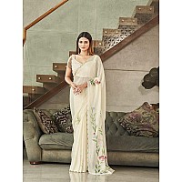 Womanista Womens Satin Hand Print Saree for Women | Fancy Floral Print Striped Saree (TI3313_Cream)