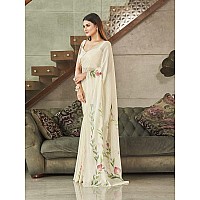 Womanista Womens Satin Hand Print Saree for Women | Fancy Floral Print Striped Saree (TI3313_Cream)