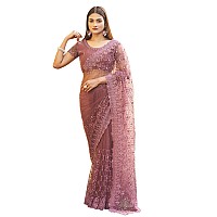 Womanista Womens Embroidered Net Saree with Faux Diamonds (TI3099_Mauve)