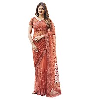 Womanista Womens Embroidered Net Saree with Faux Diamonds TI3142Rust