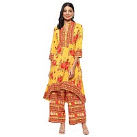 BIBA Women Rayon Printed Straight Salwar Kurta Dupatta(Skdrose Bow8773_Yellow_38)