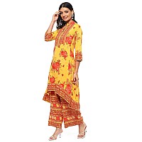 BIBA Women Rayon Printed Straight Salwar Kurta Dupatta(Skdrose Bow8773_Yellow_38)