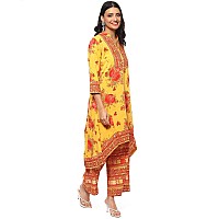 BIBA Women Rayon Printed Straight Salwar Kurta Dupatta(Skdrose Bow8773_Yellow_38)