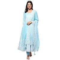 BIBA Women Cotton Printed Fitted Salwar Kurta Dupatta(Skdshwet Sa8635_Powder Blue_32)