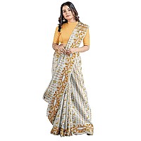 OISHANI SAREE GHOR Womens Traditional Bengal Cotton Silk Belpata Jamdani Saree (White Brown)